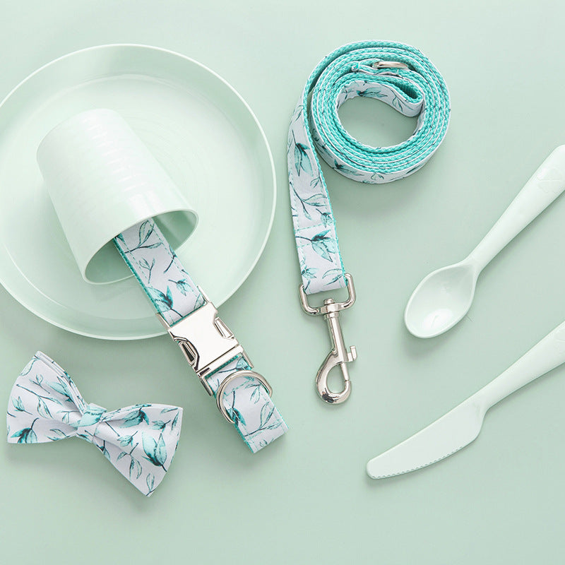 Personalized Adjustable Dog Collar & Leash Set with Bow Tie – Tree Leaf Print Cotton Collar with Metal Buckle for Small & Large Dogs