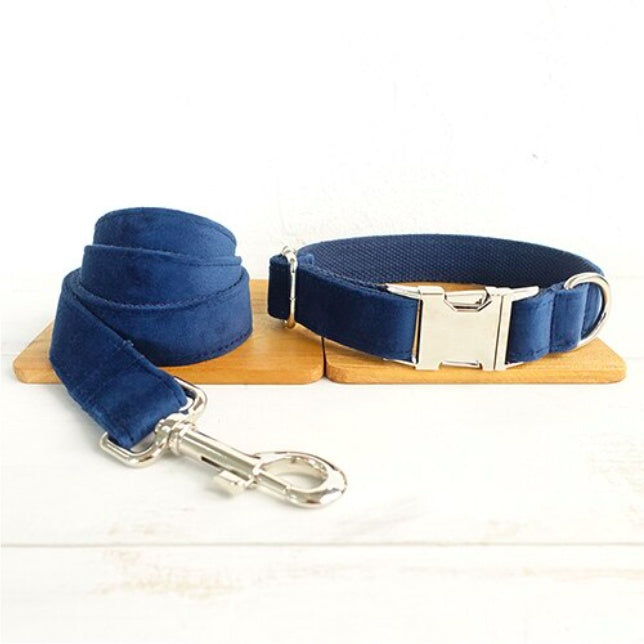 Pet Bow Collar with Traction Chain – Adjustable Dog Collar with Lead Chain, Dark Blue Velvet, for Small & Large Dogs