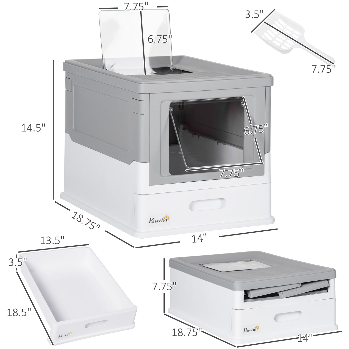 Fully Enclosed Cat Litter Box – Front Entry & Top Exit Hooded Design with Pull-Out Tray, Gray & White