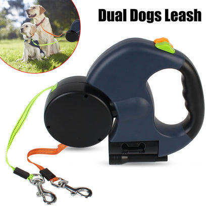 Retractable Dual Dog Leash with LED Light – 360° Swivel Reflective Double Lead for Small Dogs, Separate Brake Control, Poop Bag Holder