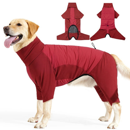 Winter Thick Hoodie for Large Dogs – Four-Leg Full Body Warm Polar Fleece Pet Coat (Red/Gray)