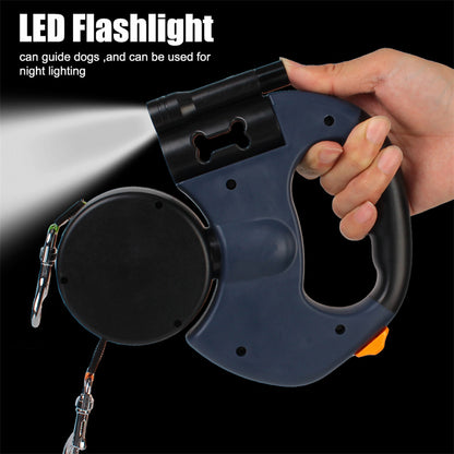 Retractable Dual Dog Leash with LED Light – 360° Swivel Reflective Double Lead for Small Dogs, Separate Brake Control, Poop Bag Holder