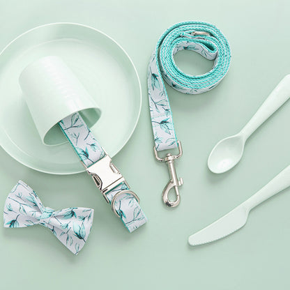 Personalized Adjustable Dog Collar & Leash Set with Bow Tie – Tree Leaf Print Cotton Collar with Metal Buckle for Small & Large Dogs