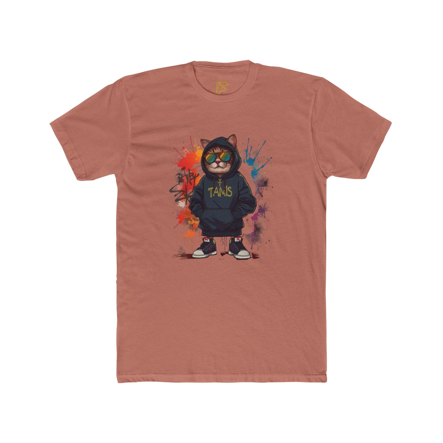 Street Cat Graphic Tee — Hoodie Cat with 'TAND' Logo, Urban Art Paint-Splash T-Shirt