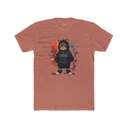 Street Cat Graphic Tee — Hoodie Cat with 'TAND' Logo, Urban Art Paint-Splash T-Shirt