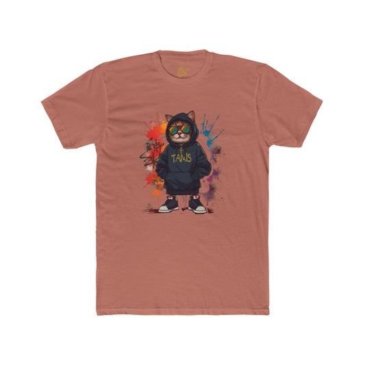 Street Cat Graphic Tee — Hoodie Cat with 'TAND' Logo, Urban Art Paint-Splash T-Shirt