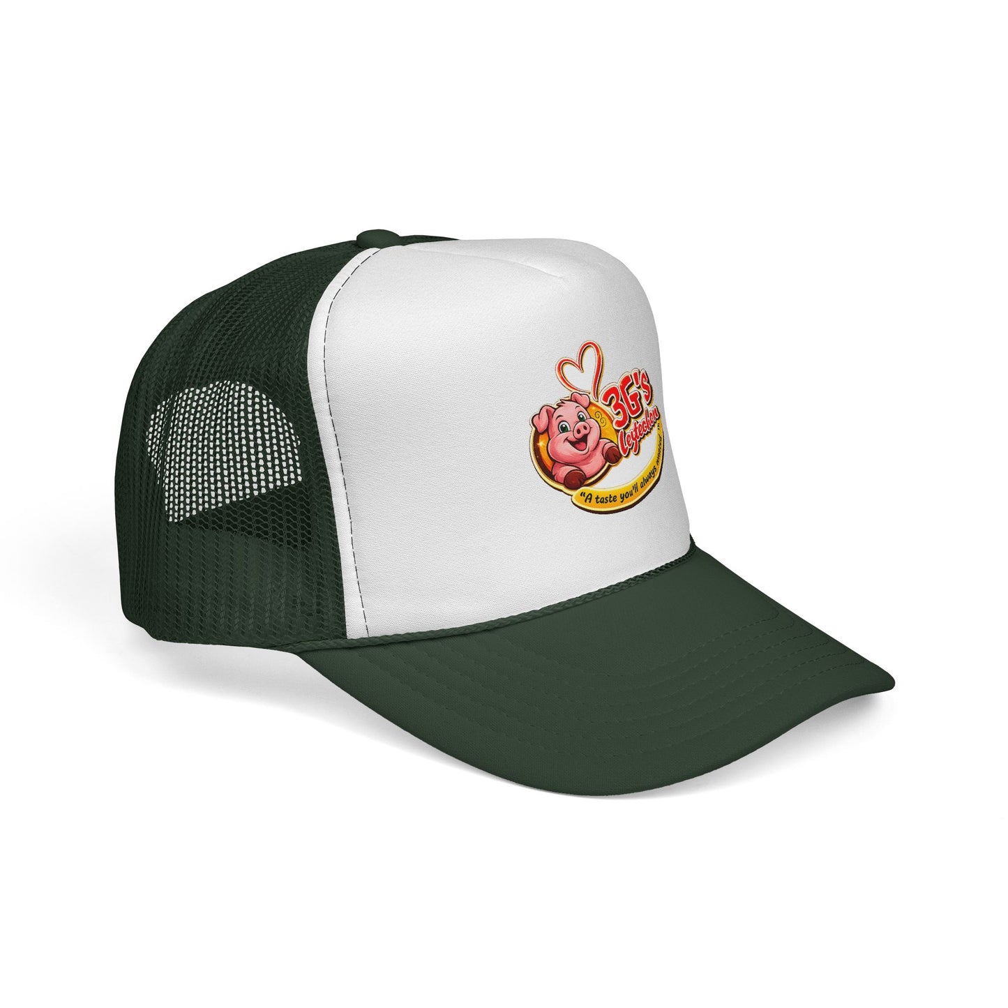 Pig Mascot Trucker Cap — 3G's Leftovers Retro Food Logo Mesh Hat