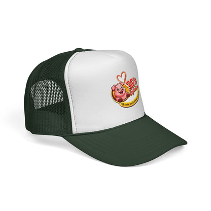 Pig Mascot Trucker Cap — 3G's Leftovers Retro Food Logo Mesh Hat