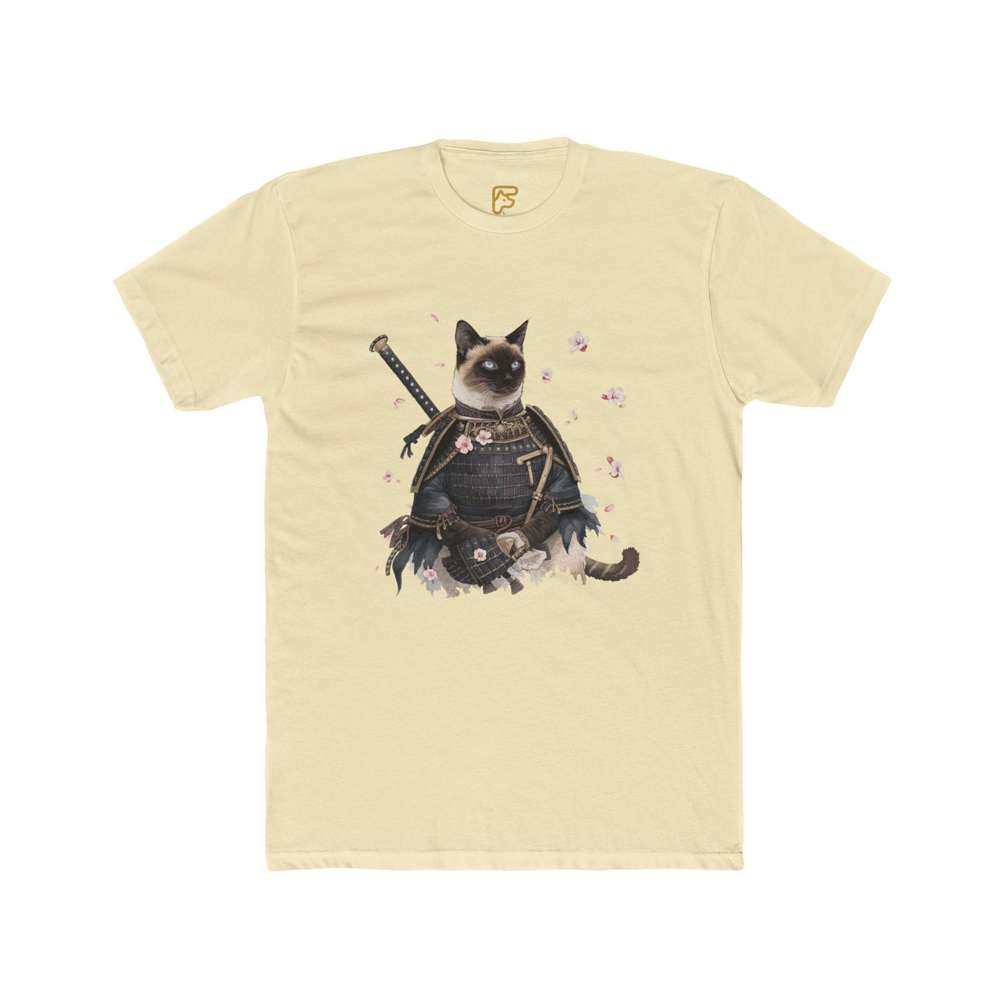 Samurai Cat Graphic Tee — Cute Warrior Cat T-Shirt with Sword & Cherry Blossoms