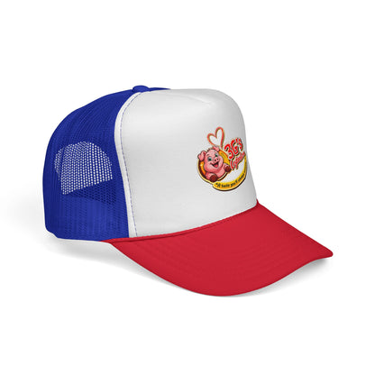 Pig Mascot Trucker Cap — 3G's Leftovers Retro Food Logo Mesh Hat