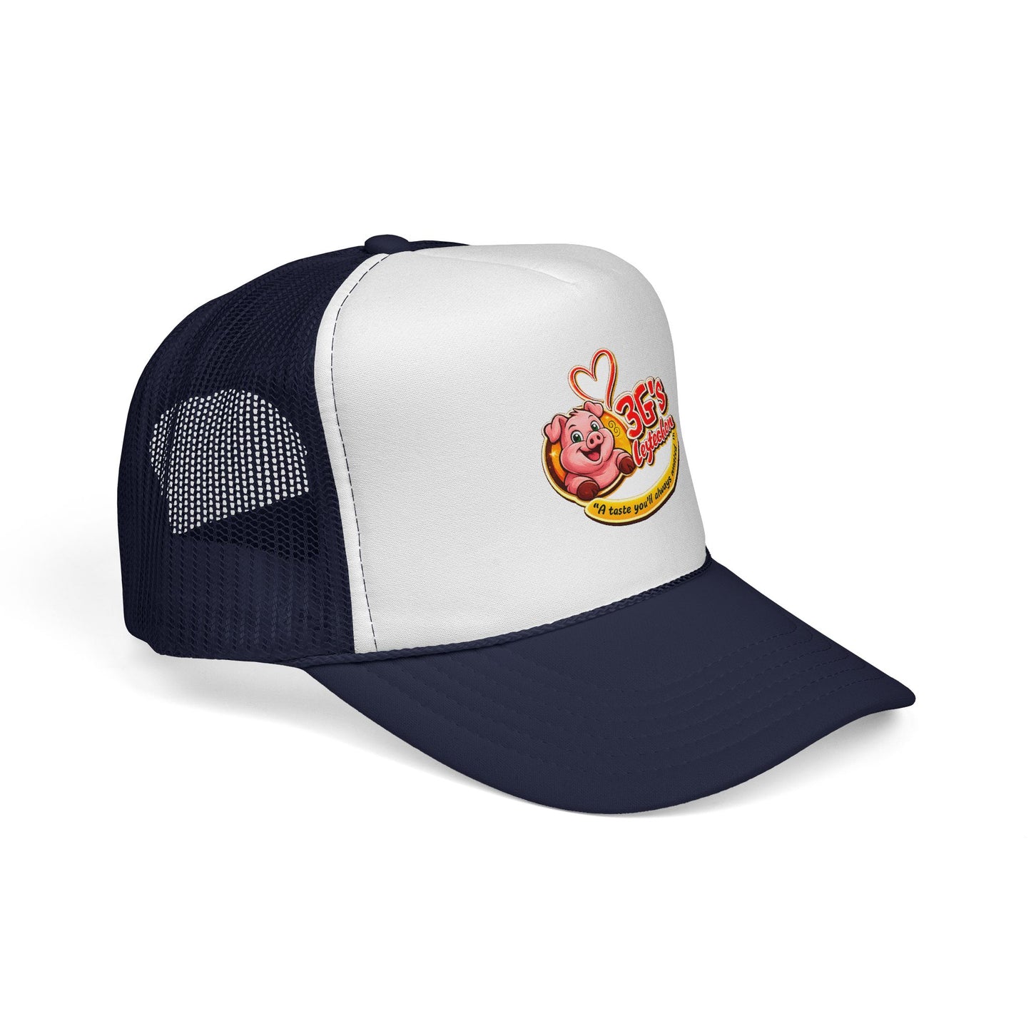 Pig Mascot Trucker Cap — 3G's Leftovers Retro Food Logo Mesh Hat