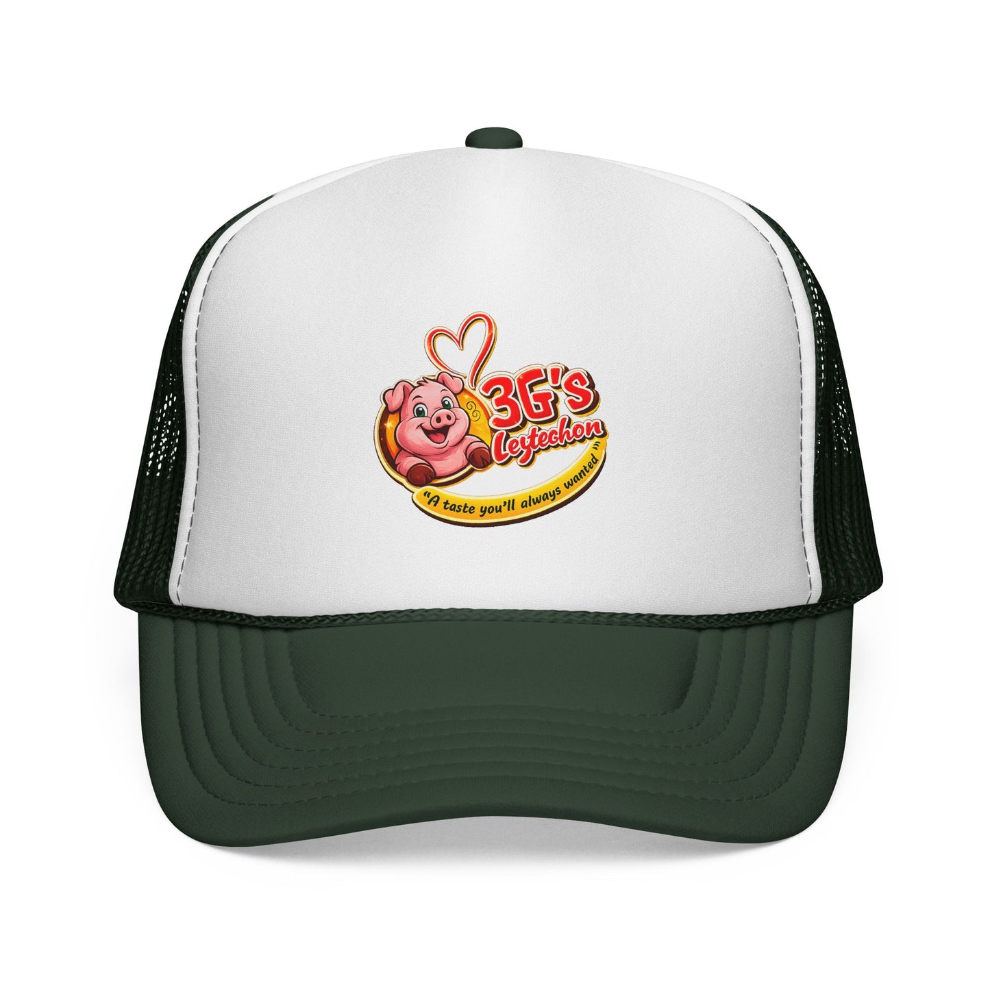 Pig Mascot Trucker Cap — 3G's Leftovers Retro Food Logo Mesh Hat