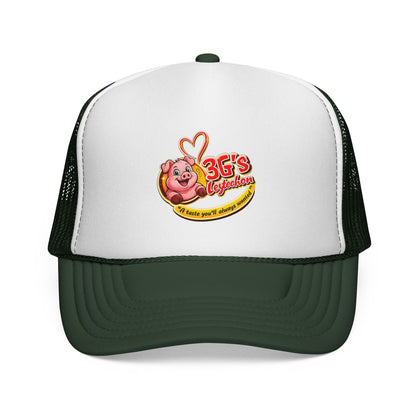 Pig Mascot Trucker Cap — 3G's Leftovers Retro Food Logo Mesh Hat