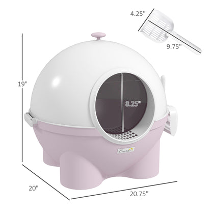 Hooded Cat Litter Box with Scoop – Large Covered Kitty Litter Pan with Leak Guard & Sand Drain Door, Pink