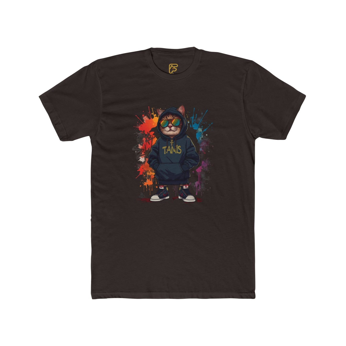 Street Cat Graphic Tee — Hoodie Cat with 'TAND' Logo, Urban Art Paint-Splash T-Shirt