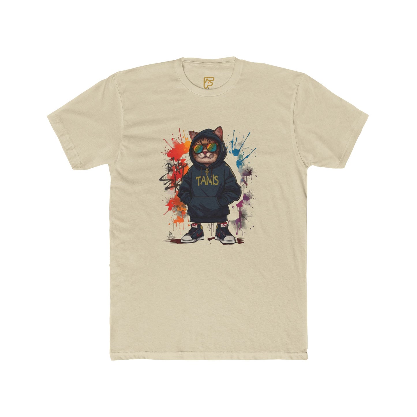 Street Cat Graphic Tee — Hoodie Cat with 'TAND' Logo, Urban Art Paint-Splash T-Shirt