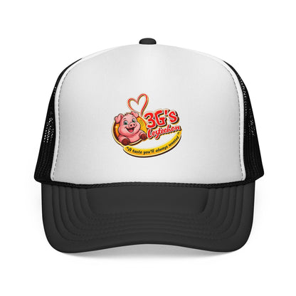 Pig Mascot Trucker Cap — 3G's Leftovers Retro Food Logo Mesh Hat