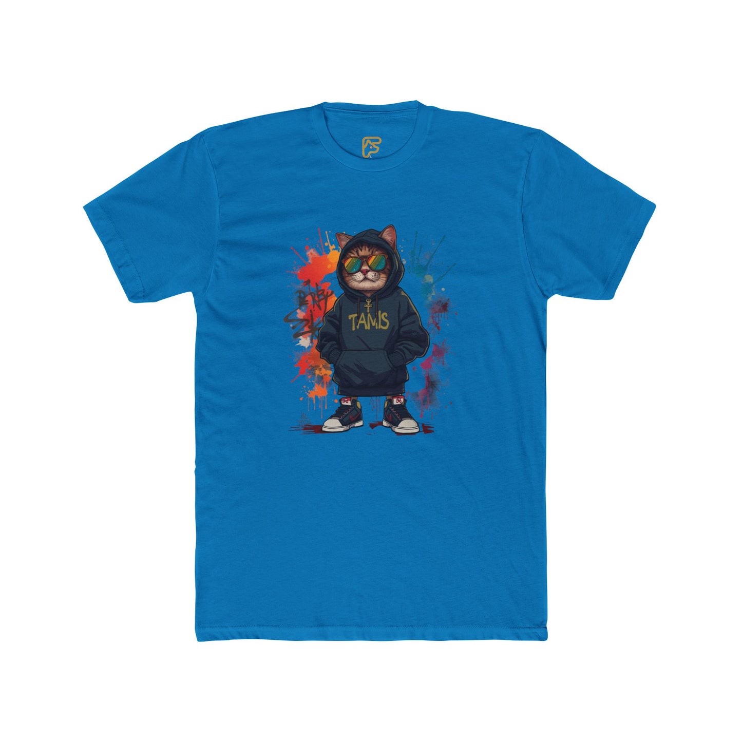 Street Cat Graphic Tee — Hoodie Cat with 'TAND' Logo, Urban Art Paint-Splash T-Shirt