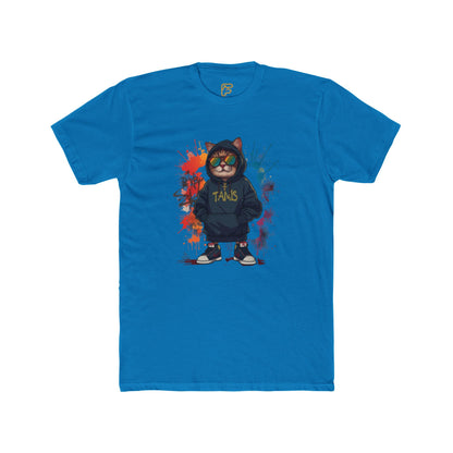Street Cat Graphic Tee — Hoodie Cat with 'TAND' Logo, Urban Art Paint-Splash T-Shirt