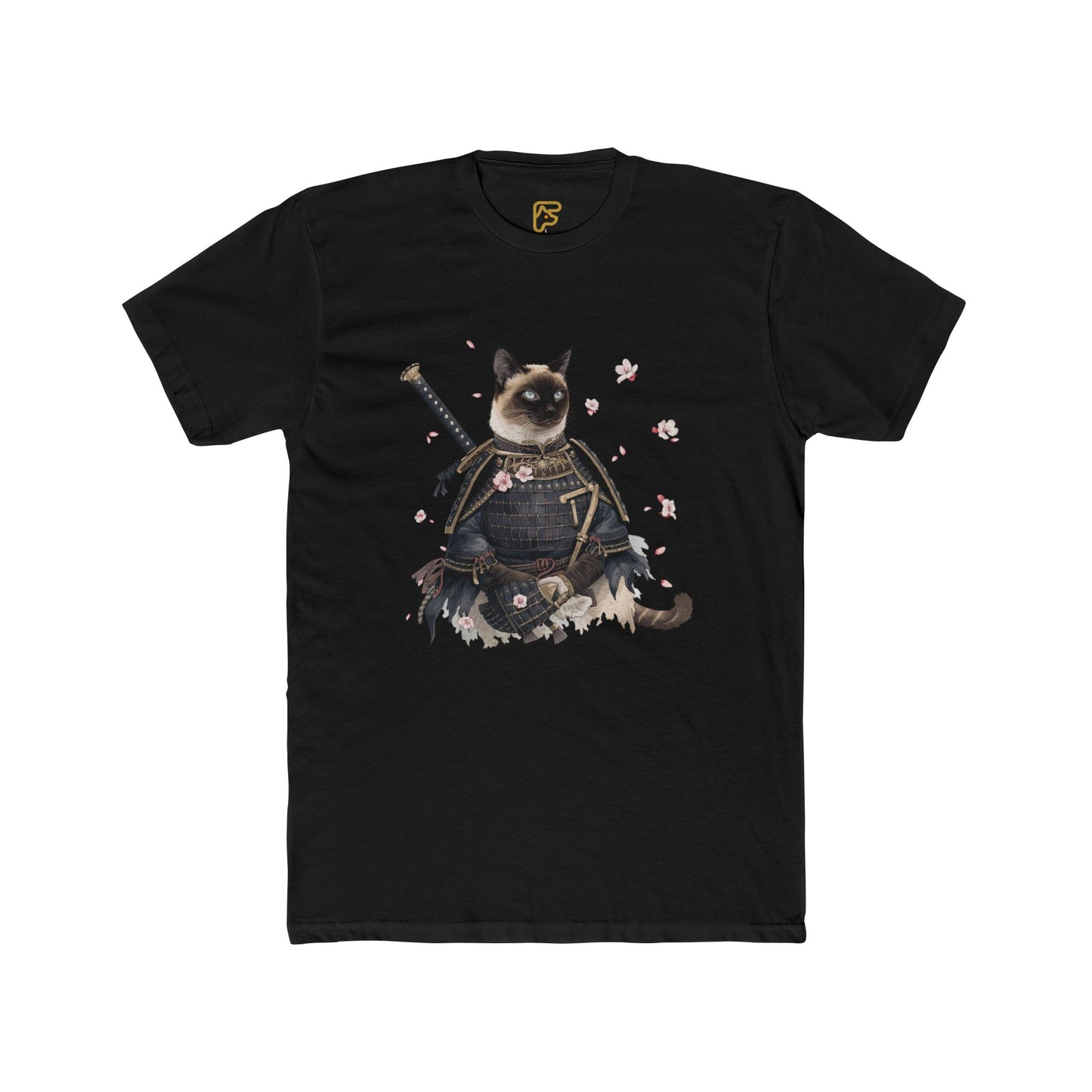 Samurai Cat Graphic Tee — Cute Warrior Cat T-Shirt with Sword & Cherry Blossoms