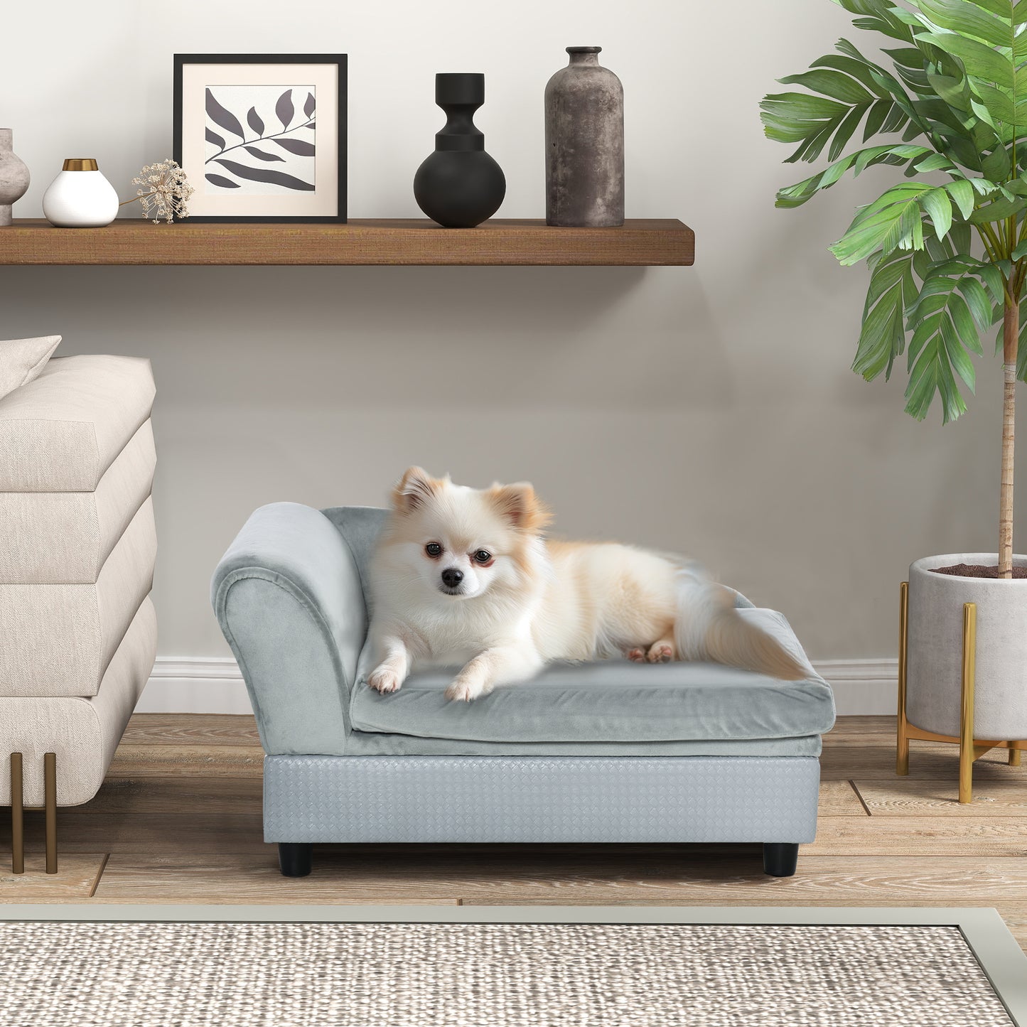 Luxury Dog Sofa Bed with Hidden Storage – Small Pet Couch with Soft Foam Cushion, Pale Gray, for Cats & Dogs up to 22 lbs