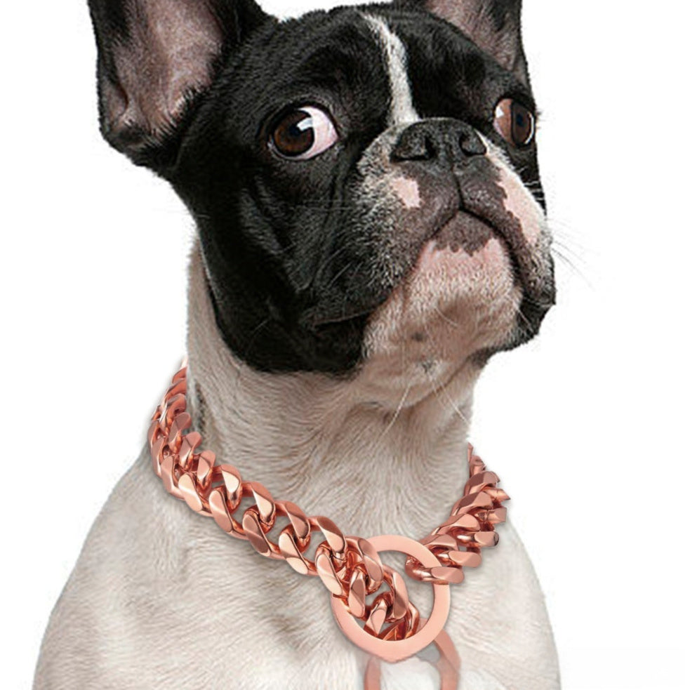 Titanium Steel Cuban Link Dog Chain Leash – 15MM Hip Hop Gold Metal Pet Collar (14–30 Inch, Black/Silver/Gold/Rose Gold)