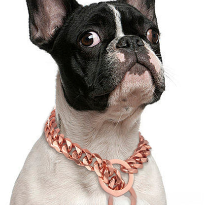 Titanium Steel Cuban Link Dog Chain Leash – 15MM Hip Hop Gold Metal Pet Collar (14–30 Inch, Black/Silver/Gold/Rose Gold)