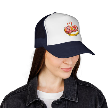 Pig Mascot Trucker Cap — 3G's Leftovers Retro Food Logo Mesh Hat