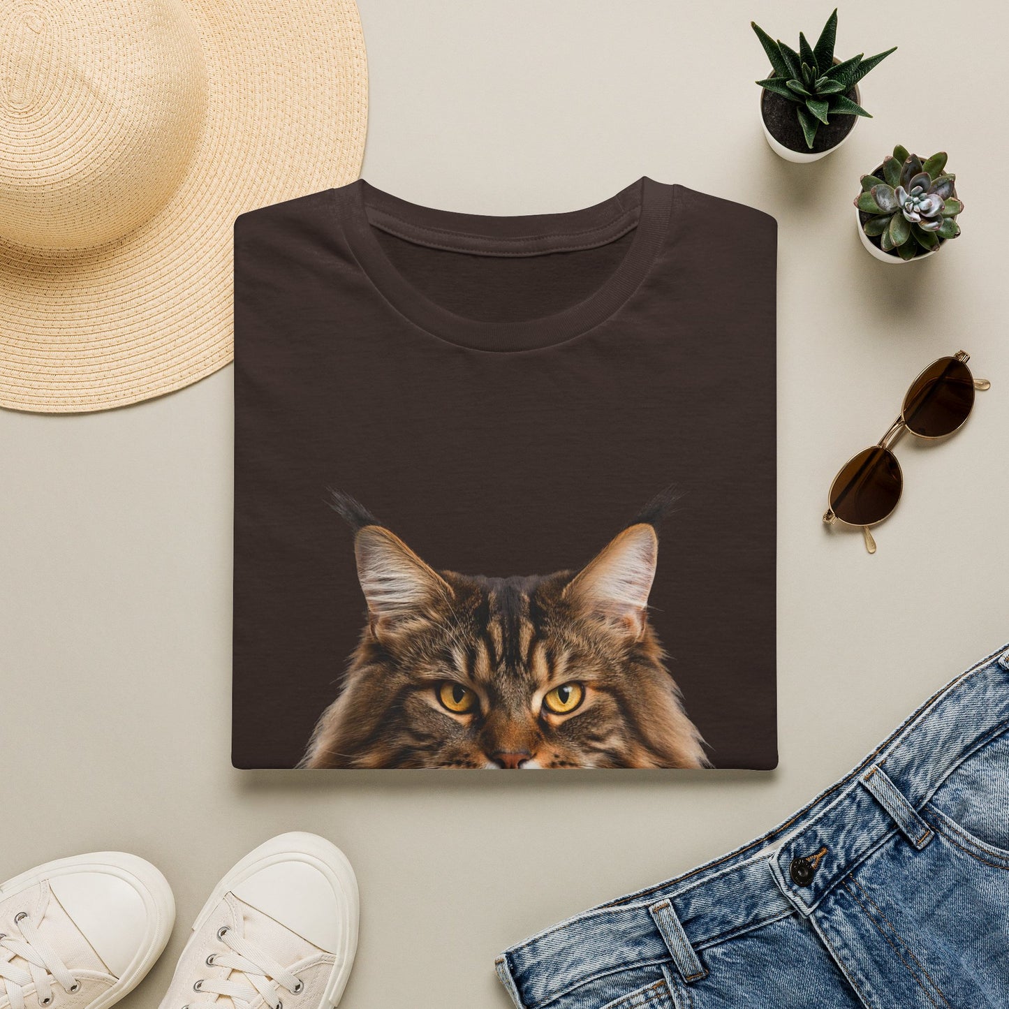 Maine Coon Cat Portrait T-Shirt — Realistic Brown Tabby Cat Tee