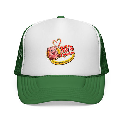 Pig Mascot Trucker Cap — 3G's Leftovers Retro Food Logo Mesh Hat