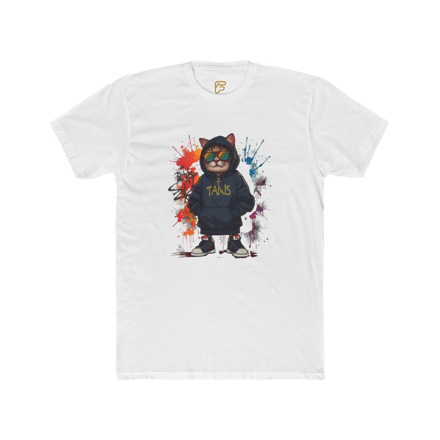 Street Cat Graphic Tee — Hoodie Cat with 'TAND' Logo, Urban Art Paint-Splash T-Shirt