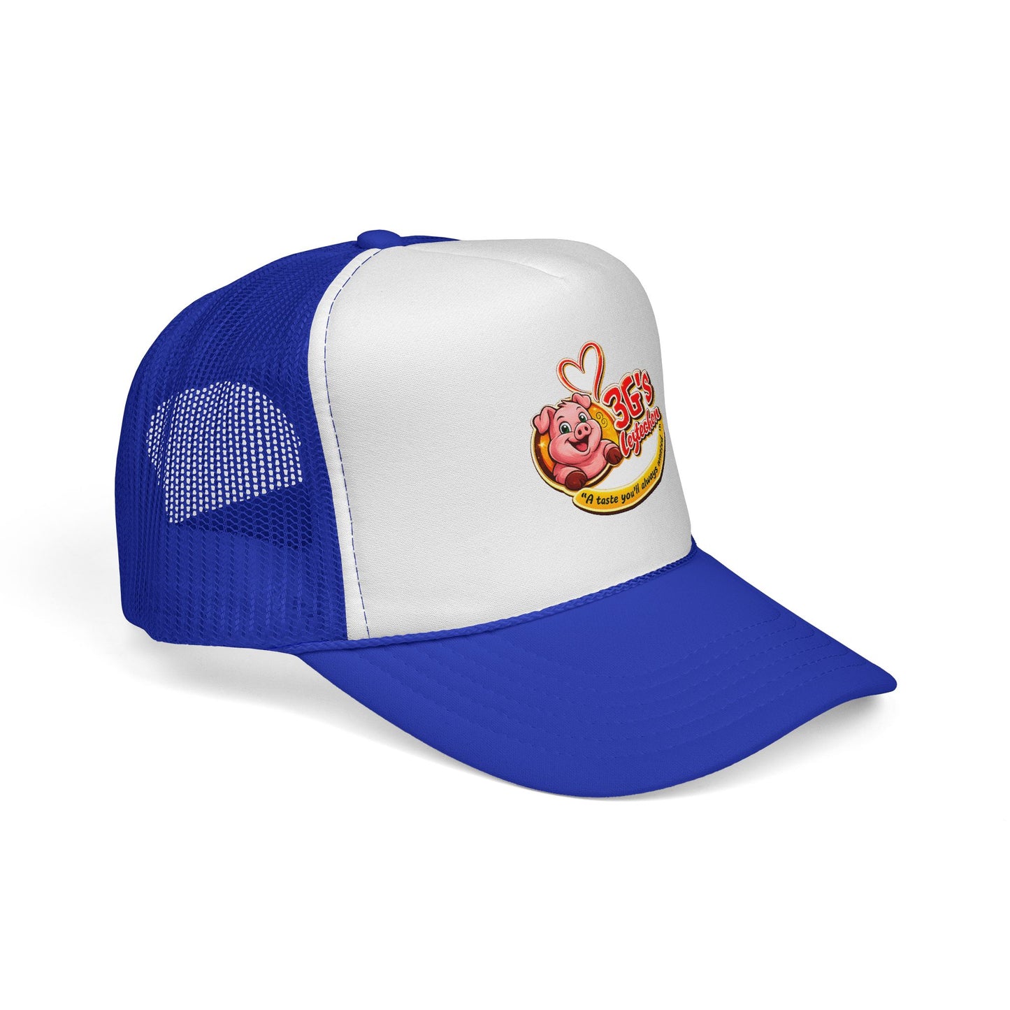 Pig Mascot Trucker Cap — 3G's Leftovers Retro Food Logo Mesh Hat