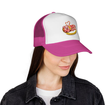 Pig Mascot Trucker Cap — 3G's Leftovers Retro Food Logo Mesh Hat