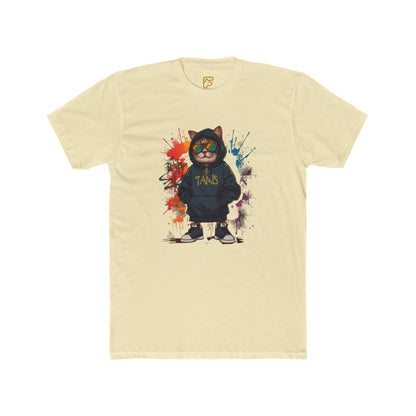 Street Cat Graphic Tee — Hoodie Cat with 'TAND' Logo, Urban Art Paint-Splash T-Shirt