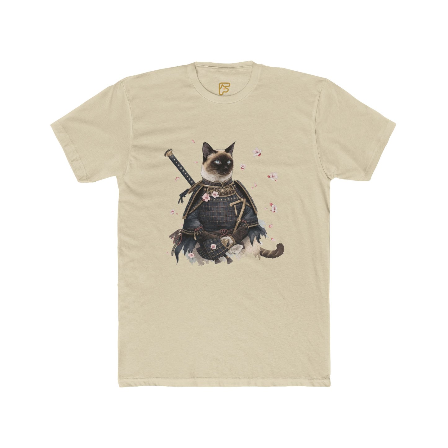 Samurai Cat Graphic Tee — Cute Warrior Cat T-Shirt with Sword & Cherry Blossoms