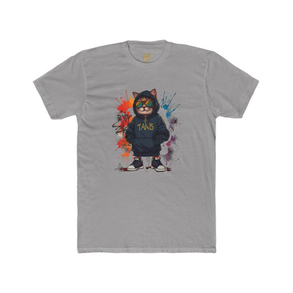 Street Cat Graphic Tee — Hoodie Cat with 'TAND' Logo, Urban Art Paint-Splash T-Shirt