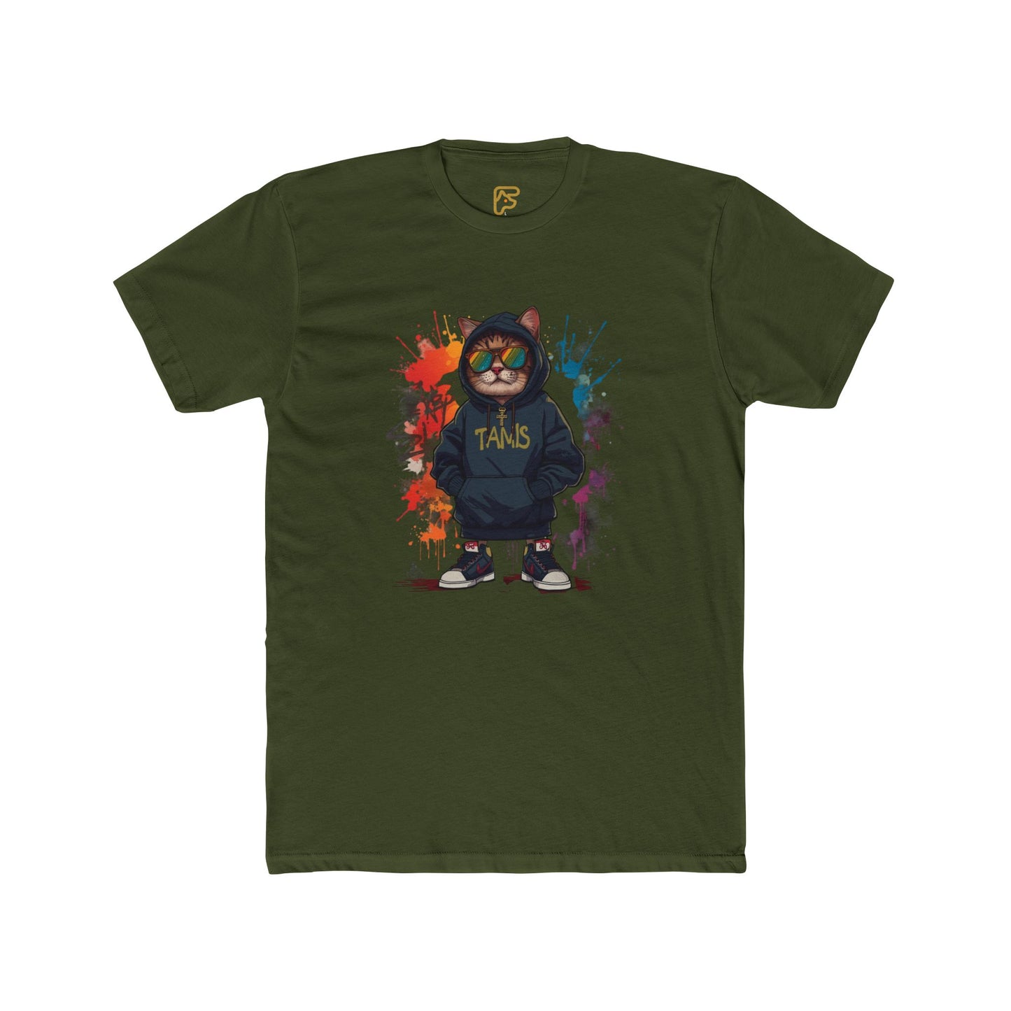 Street Cat Graphic Tee — Hoodie Cat with 'TAND' Logo, Urban Art Paint-Splash T-Shirt