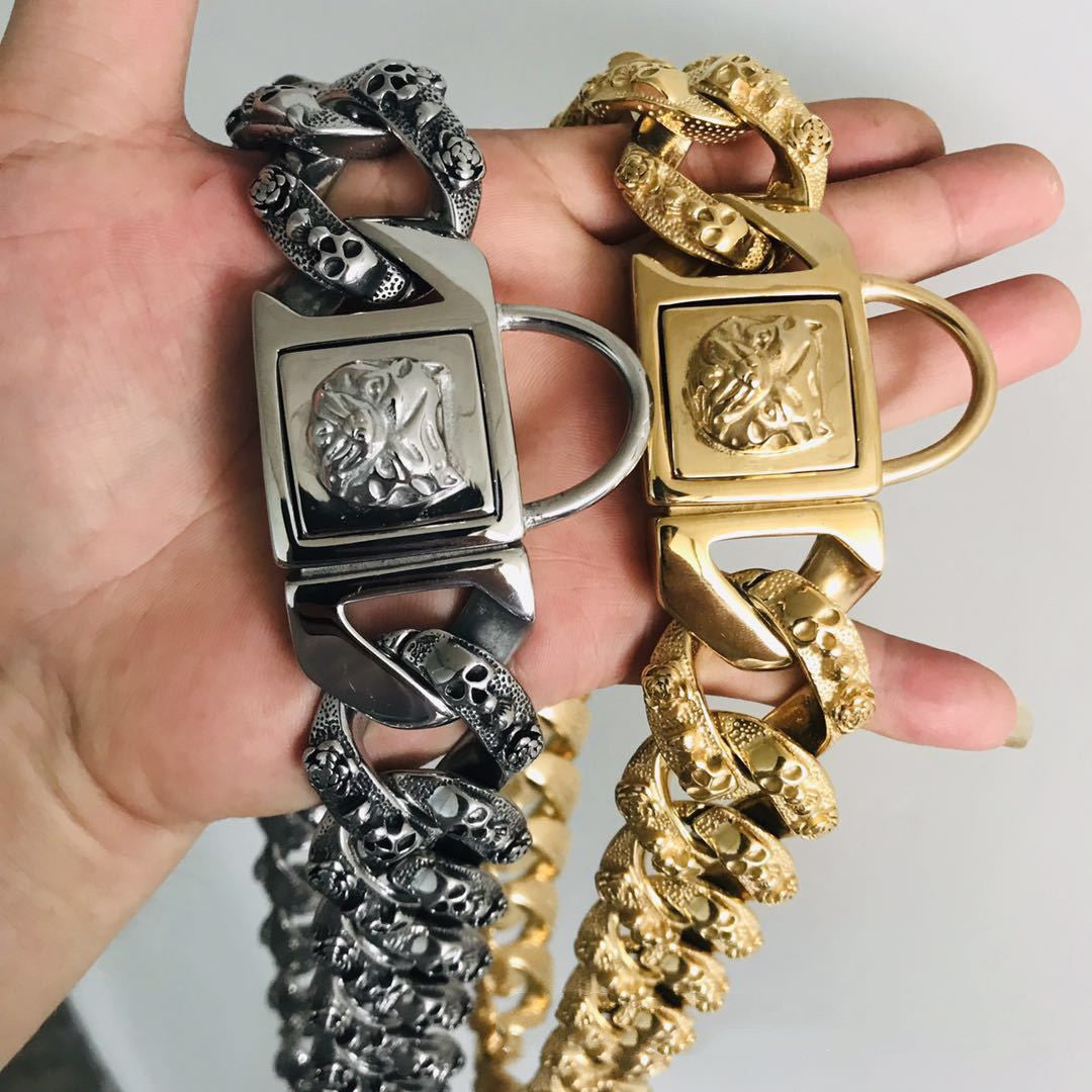 Cuban Link Dog Collar – Gold & Silver Stainless Steel Chain for Medium & Large Dogs