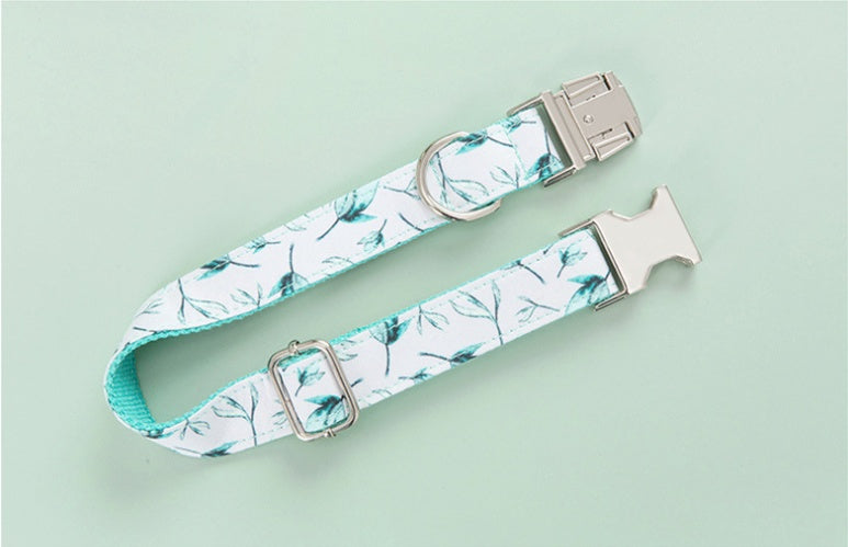 Personalized Adjustable Dog Collar & Leash Set with Bow Tie – Tree Leaf Print Cotton Collar with Metal Buckle for Small & Large Dogs