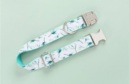 Personalized Adjustable Dog Collar & Leash Set with Bow Tie – Tree Leaf Print Cotton Collar with Metal Buckle for Small & Large Dogs