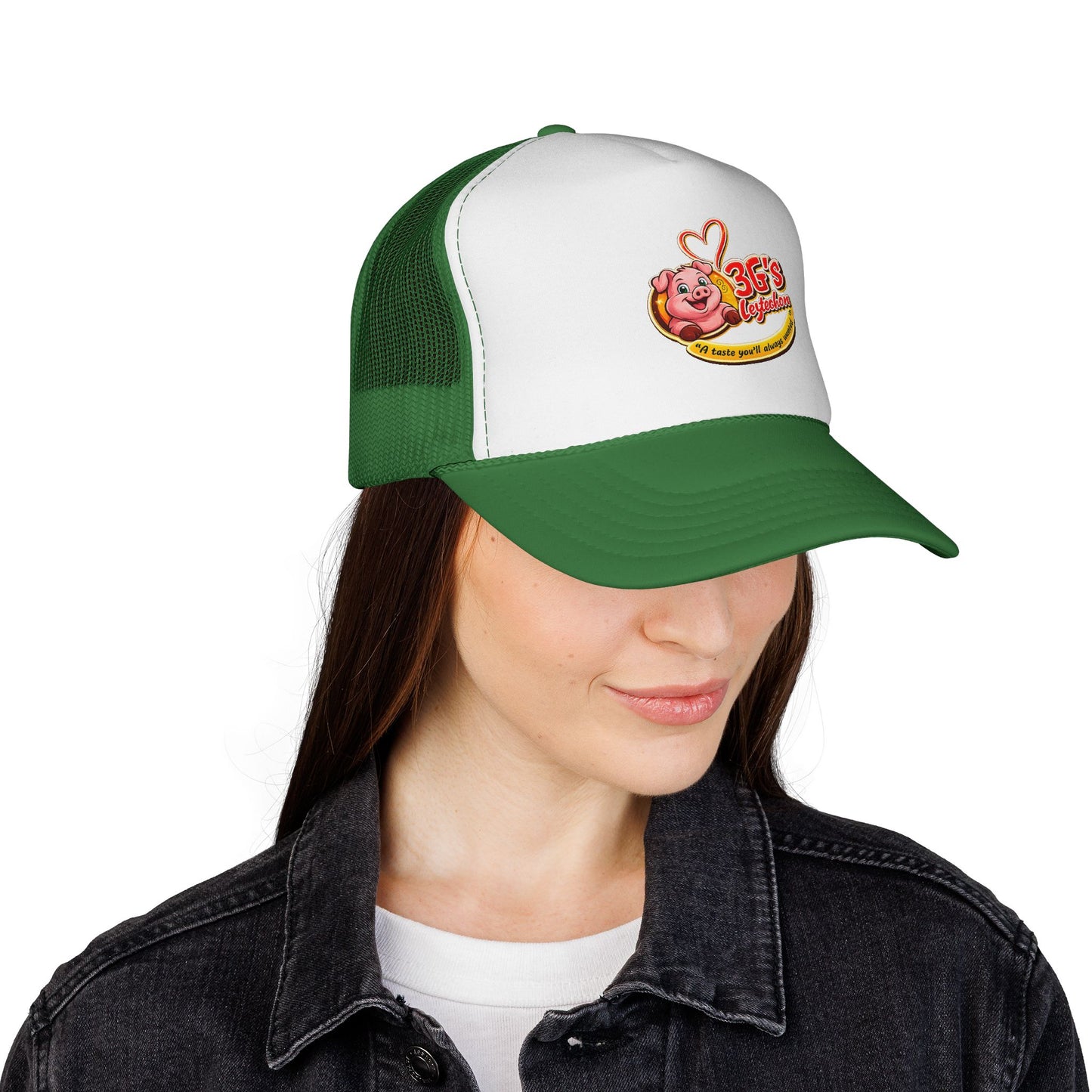 Pig Mascot Trucker Cap — 3G's Leftovers Retro Food Logo Mesh Hat