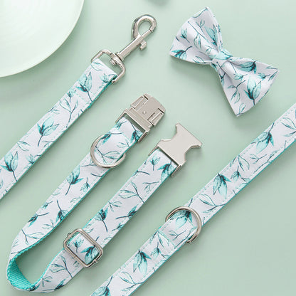 Personalized Adjustable Dog Collar & Leash Set with Bow Tie – Tree Leaf Print Cotton Collar with Metal Buckle for Small & Large Dogs