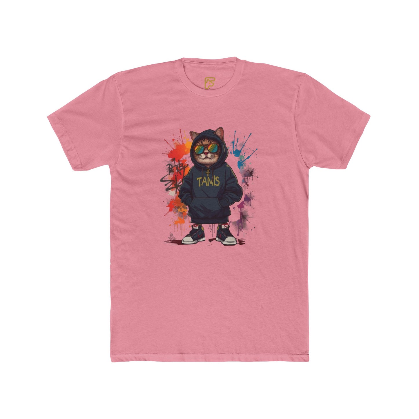 Street Cat Graphic Tee — Hoodie Cat with 'TAND' Logo, Urban Art Paint-Splash T-Shirt