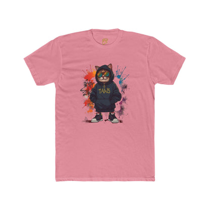 Street Cat Graphic Tee — Hoodie Cat with 'TAND' Logo, Urban Art Paint-Splash T-Shirt