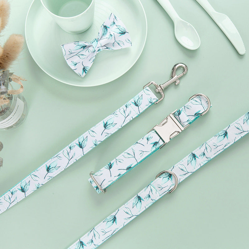 Personalized Adjustable Dog Collar & Leash Set with Bow Tie – Tree Leaf Print Cotton Collar with Metal Buckle for Small & Large Dogs