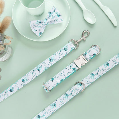 Personalized Adjustable Dog Collar & Leash Set with Bow Tie – Tree Leaf Print Cotton Collar with Metal Buckle for Small & Large Dogs