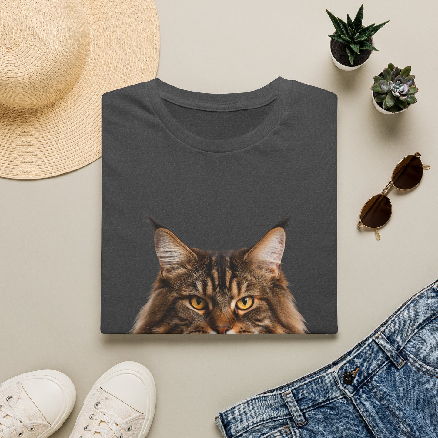 Maine Coon Cat Portrait T-Shirt — Realistic Brown Tabby Cat Tee