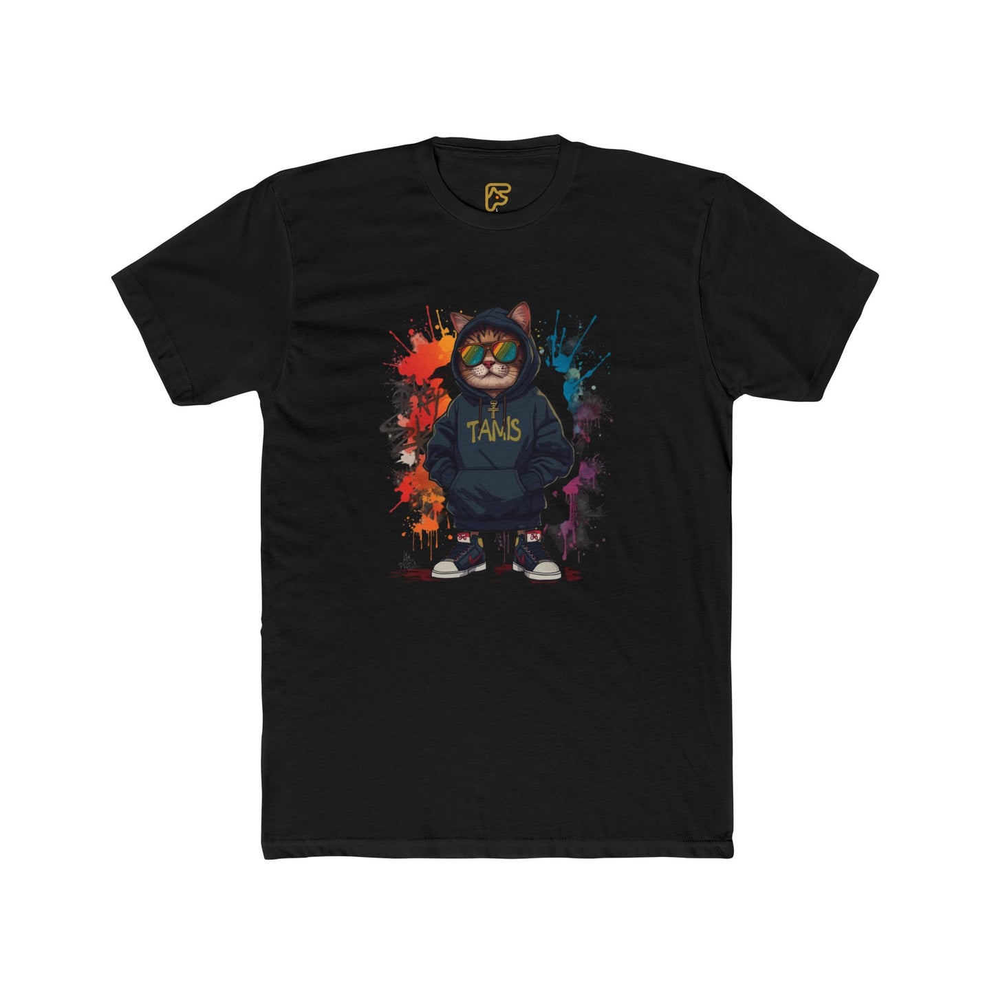 Street Cat Graphic Tee — Hoodie Cat with 'TAND' Logo, Urban Art Paint-Splash T-Shirt