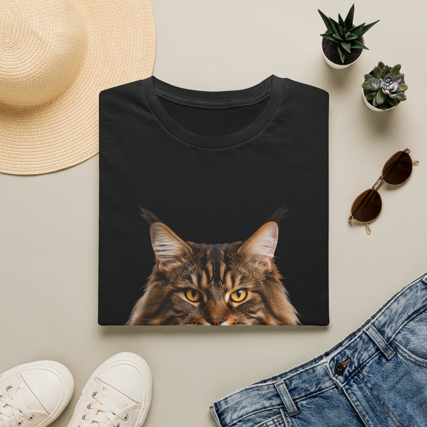 Maine Coon Cat Portrait T-Shirt — Realistic Brown Tabby Cat Tee