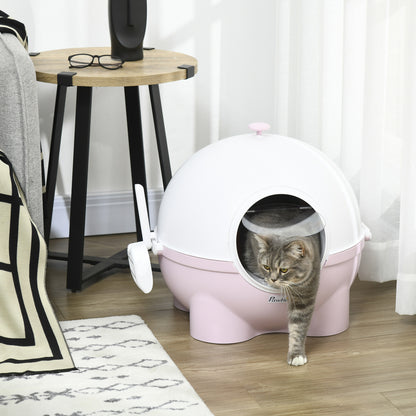 Hooded Cat Litter Box with Scoop – Large Covered Kitty Litter Pan with Leak Guard & Sand Drain Door, Pink